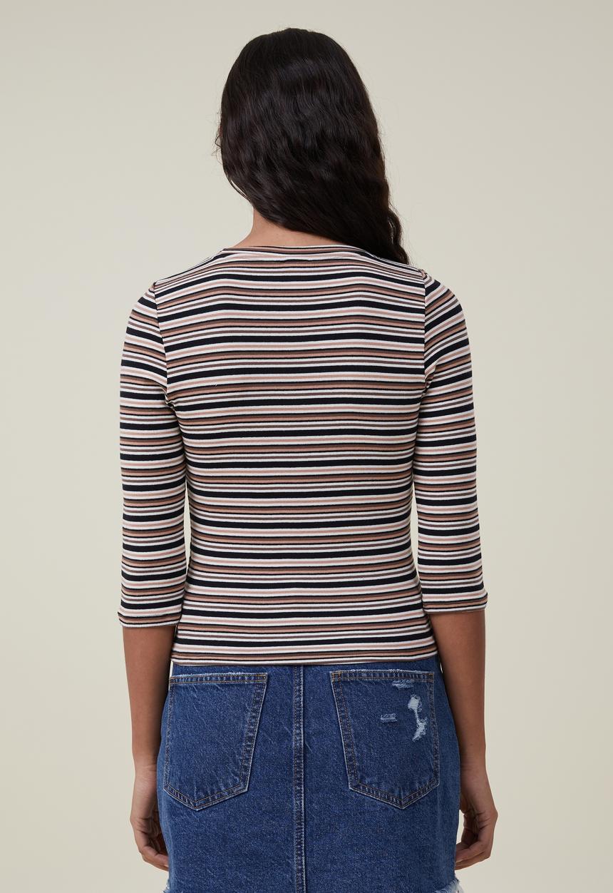 Cotton On - Jamie 3/4 sleeve top - alanis stripe rich brown