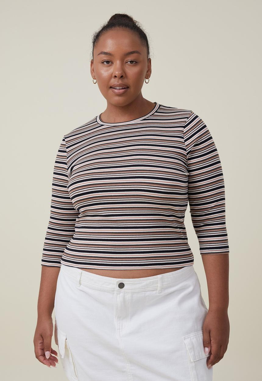 Cotton On - Curve jamie 3/4 sleeve top - alanis stripe rich brown