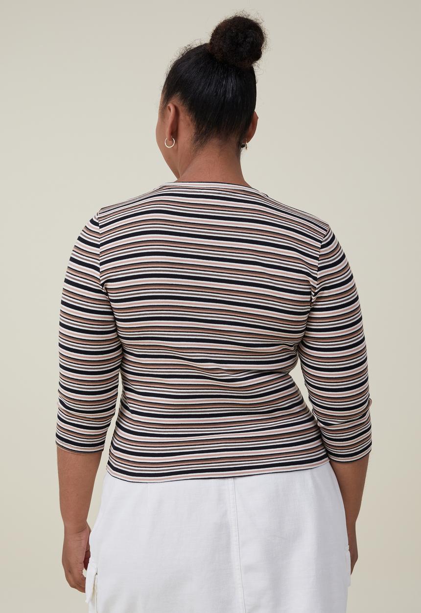 Cotton On - Curve jamie 3/4 sleeve top - alanis stripe rich brown