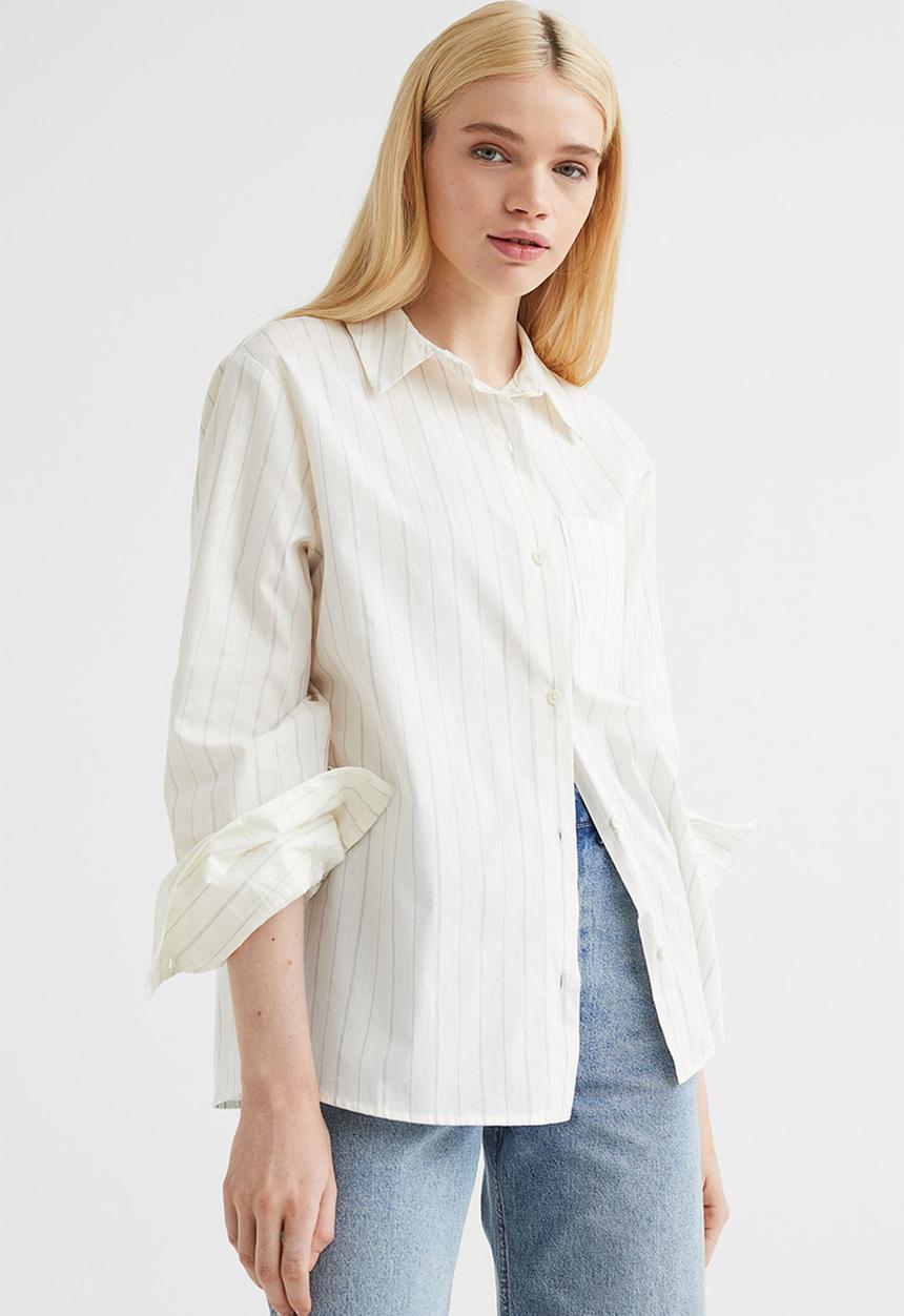H&M - Oversized poplin shirt - cream/striped