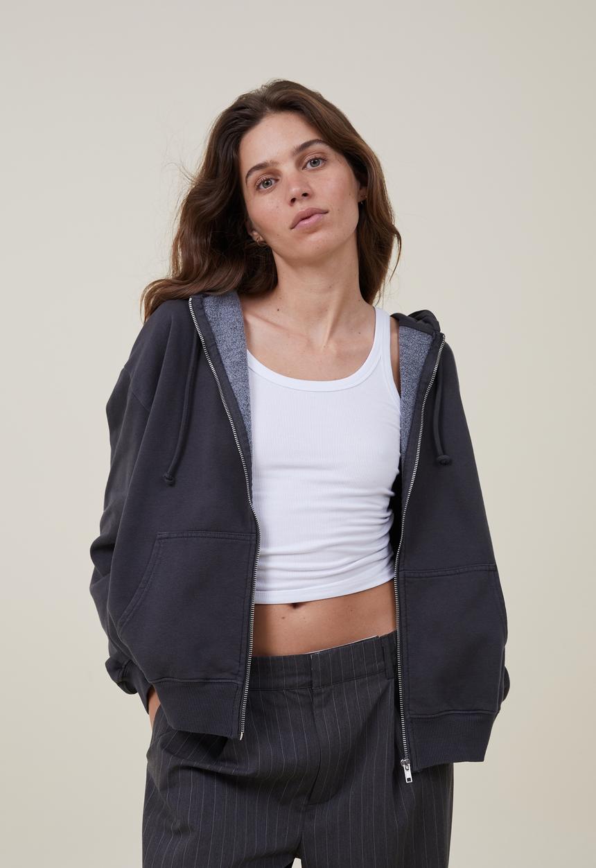 Cotton On - Classic washed zip-through hoodie - washed black