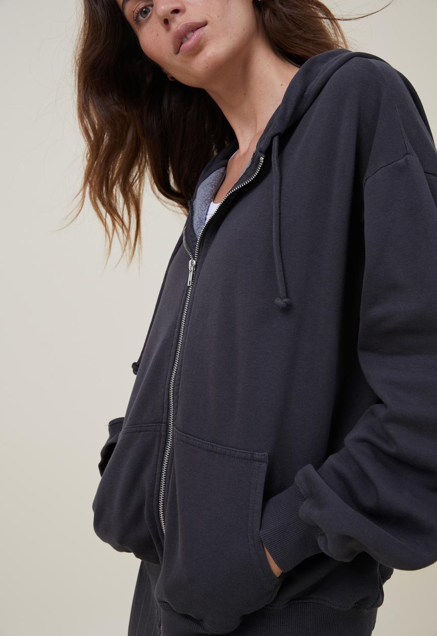 Cotton On - Classic washed zip-through hoodie - washed black