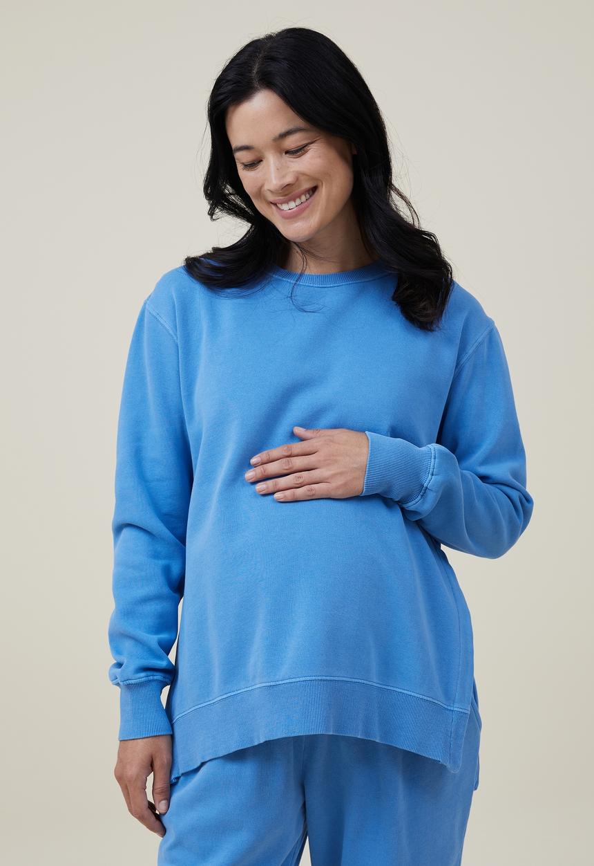 Cotton On - Maternity classic washed side split crew fleece - washed fuzzy blue