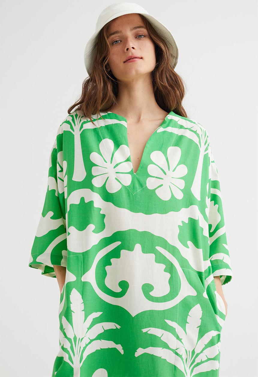 H&M - Long kaftan dress - green/palm trees