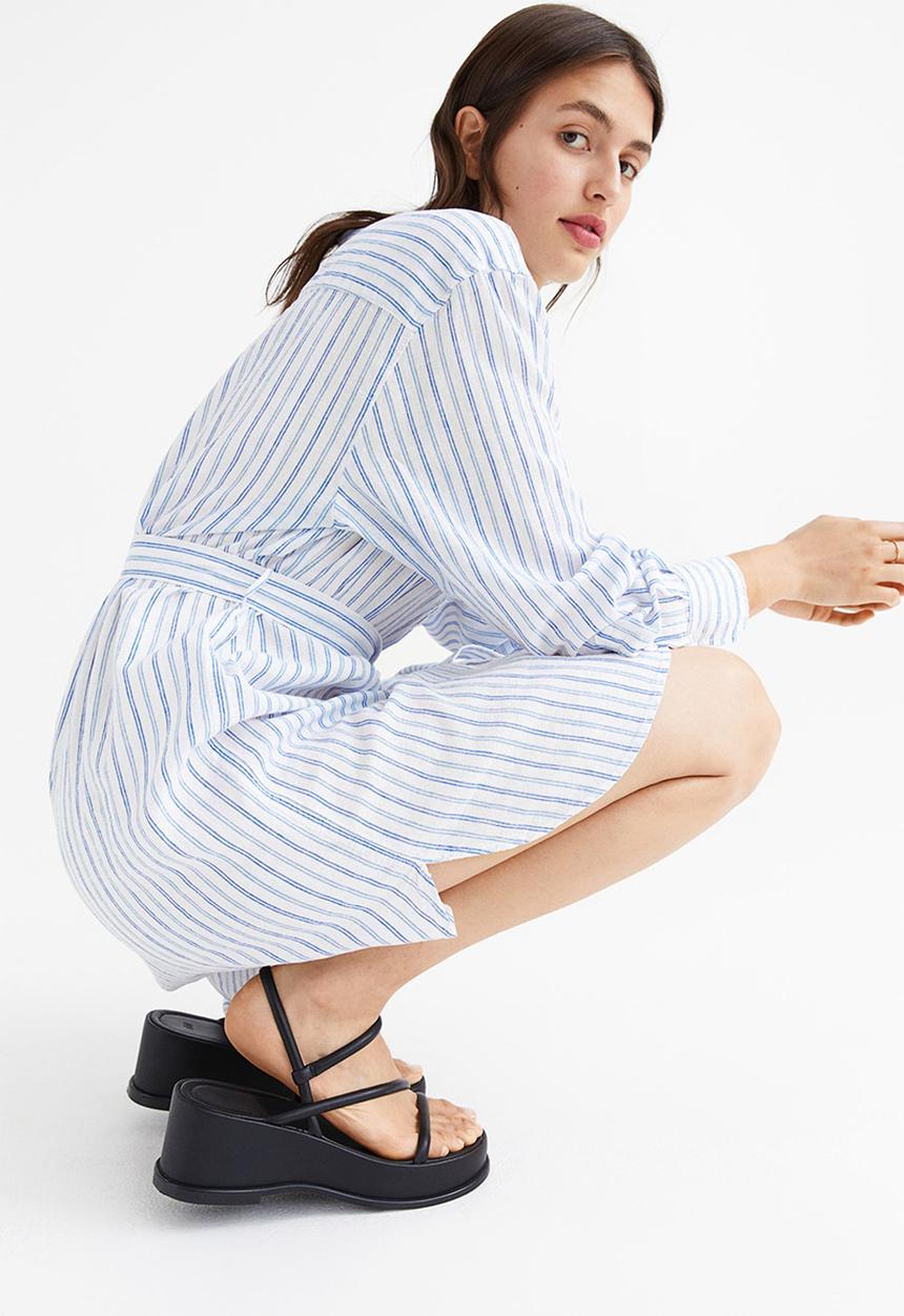 H&M - Linen-blend shirt dress - white/blue striped