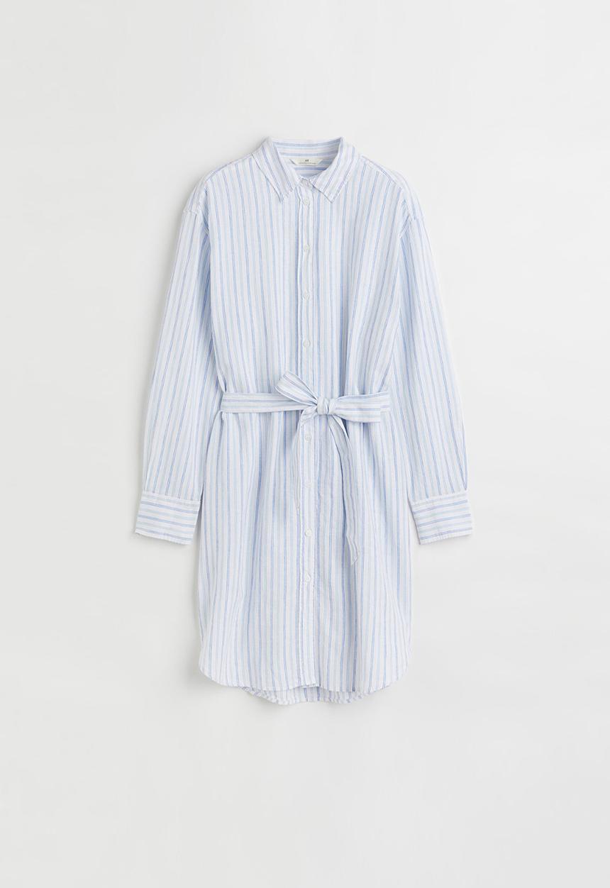 H&M - Linen-blend shirt dress - white/blue striped