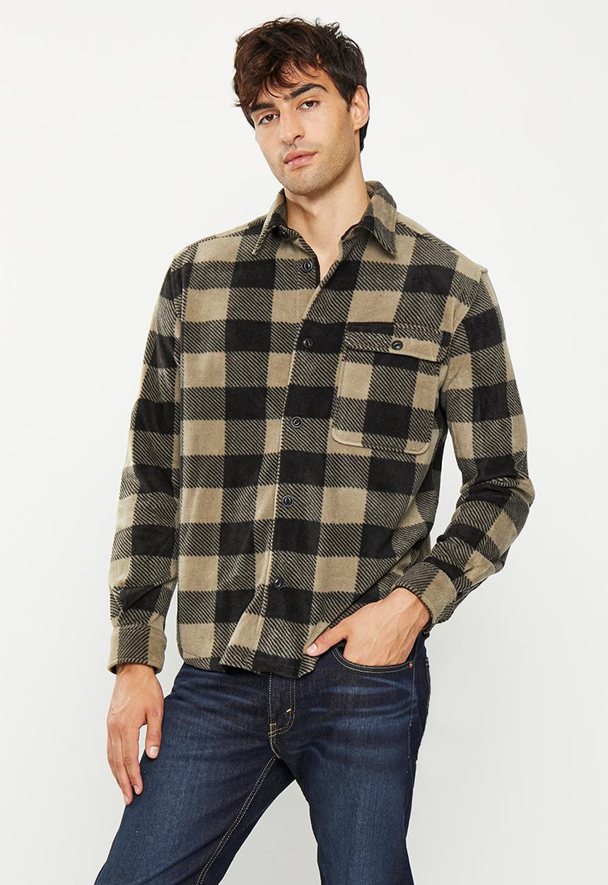 Only & Sons - Onstyn relaxed 1 pocket fleece check ls shirt - stone