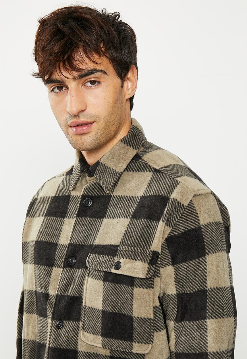 Only & Sons - Onstyn relaxed 1 pocket fleece check ls shirt - stone