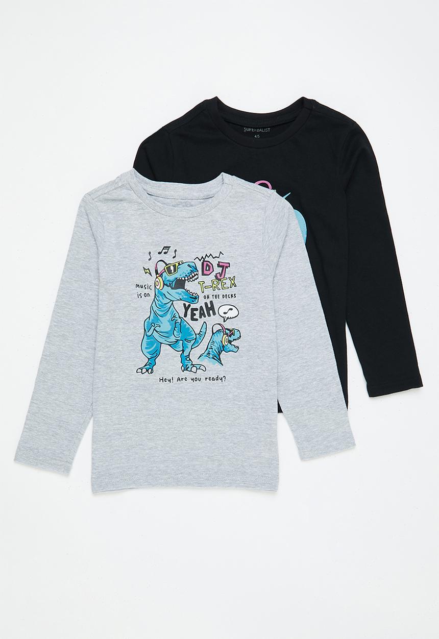 Superbalist - 2 Pack graphic long sleeve tee - black & grey melange