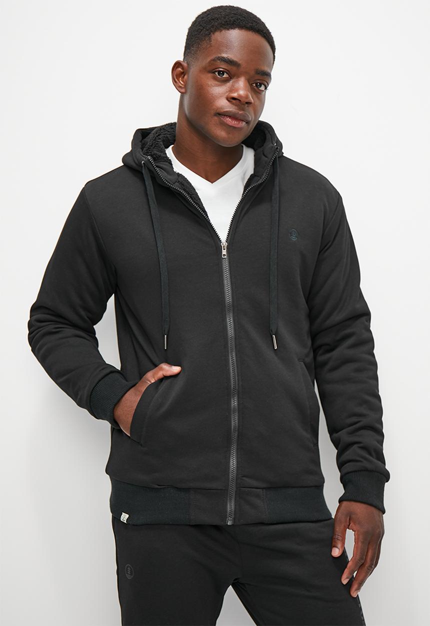 Lark & Crosse - Themba sherpa lined zip through hoodie - black