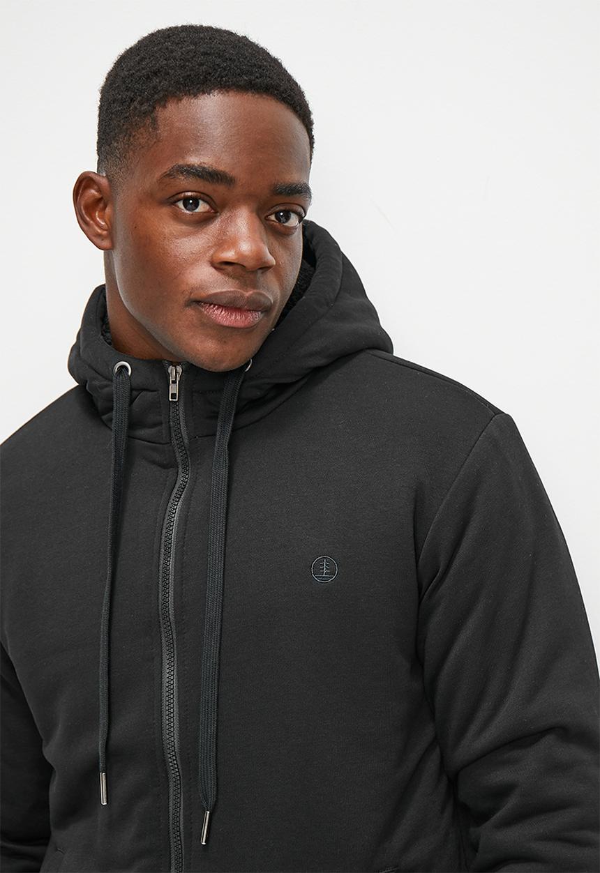 Lark & Crosse - Themba sherpa lined zip through hoodie - black