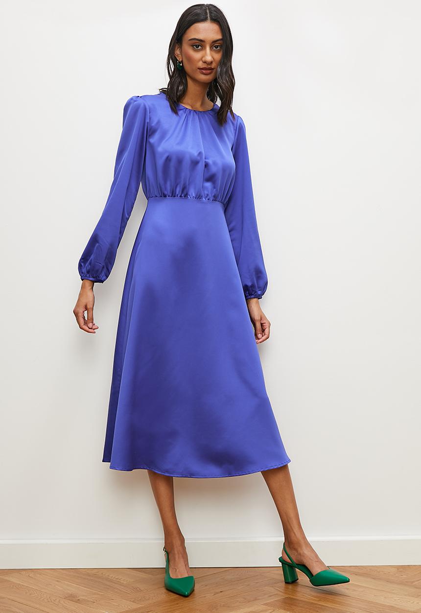 edit - Satin back detail empire midi dress - indigo blue