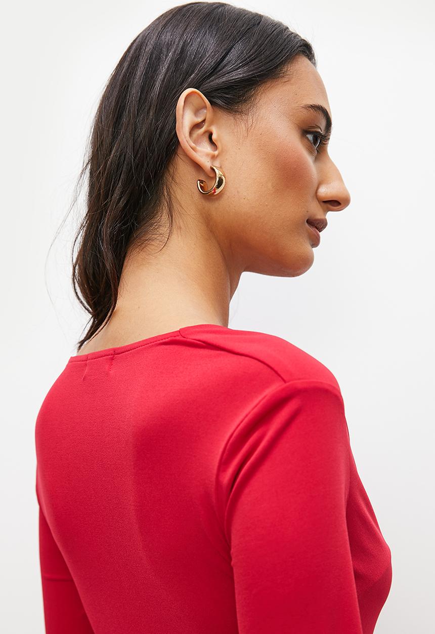 edit - Draped front long sleeve knit dress - red1