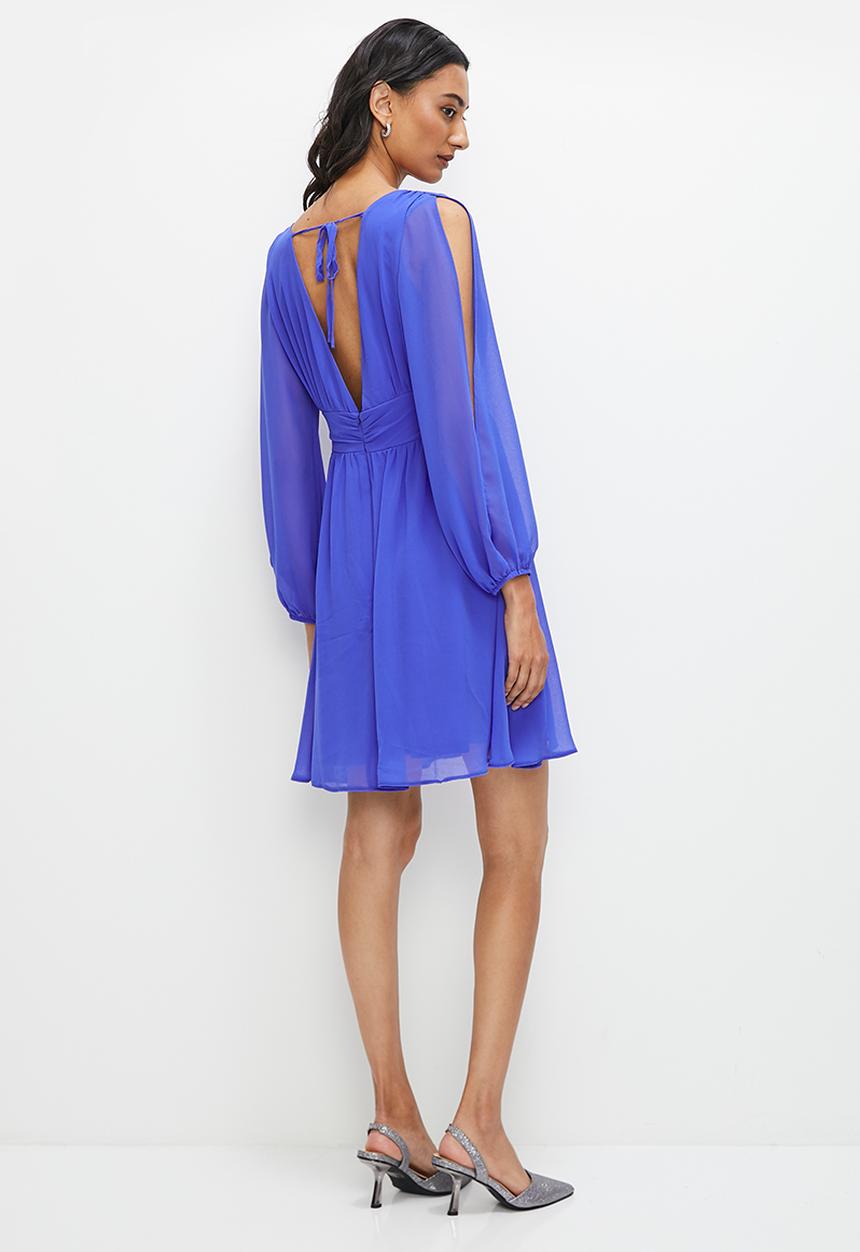 edit - Split sleeve fit and flare mini dress - cobalt