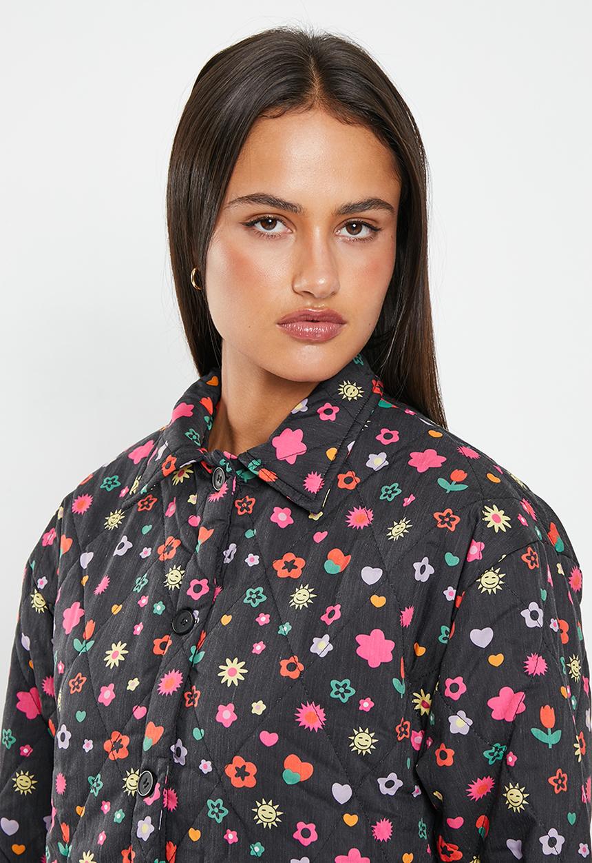 Daisy Street - Sticker print quilted collared coat - black