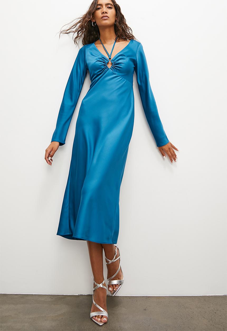 Superbalist - Tie detail long sleeve slip dress - blue sapphire