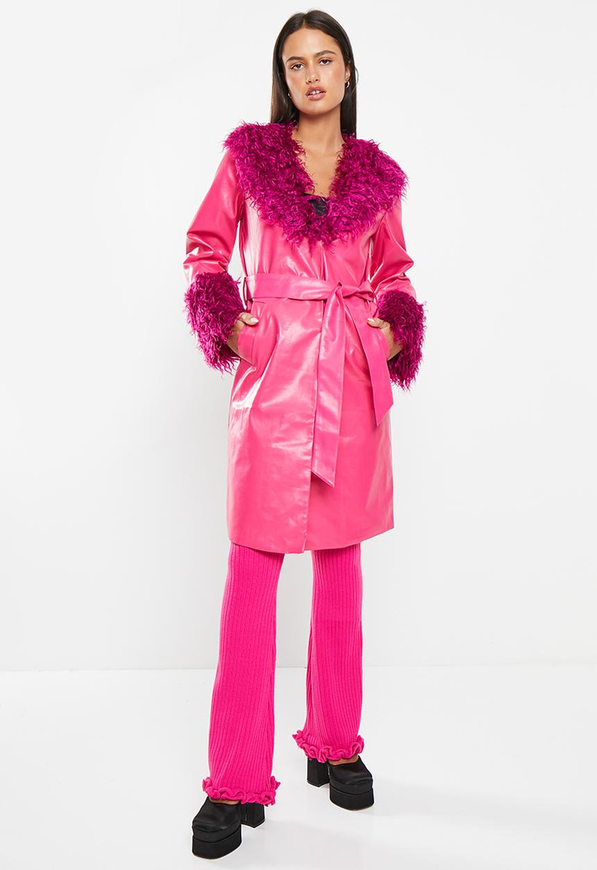 Daisy Street - Fur trim PU coat - pink