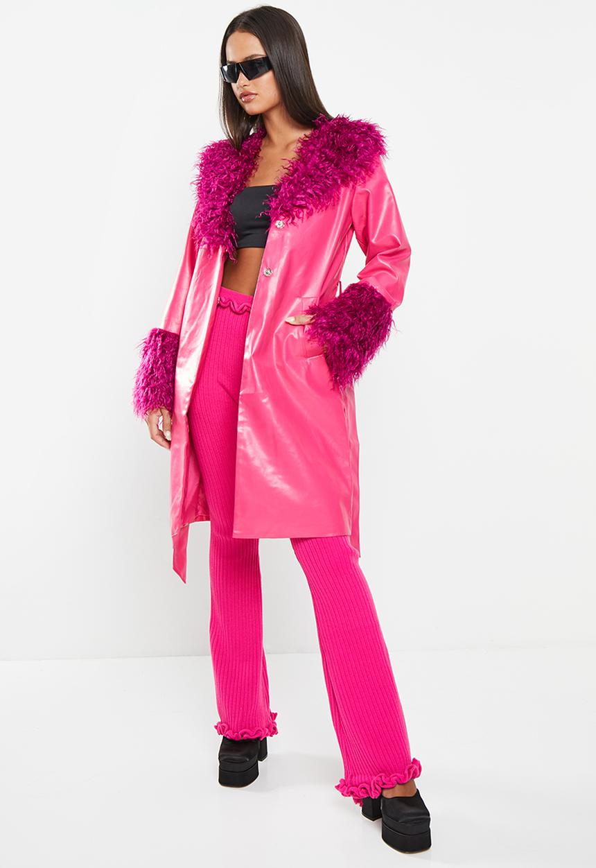 Daisy Street - Fur trim PU coat - pink