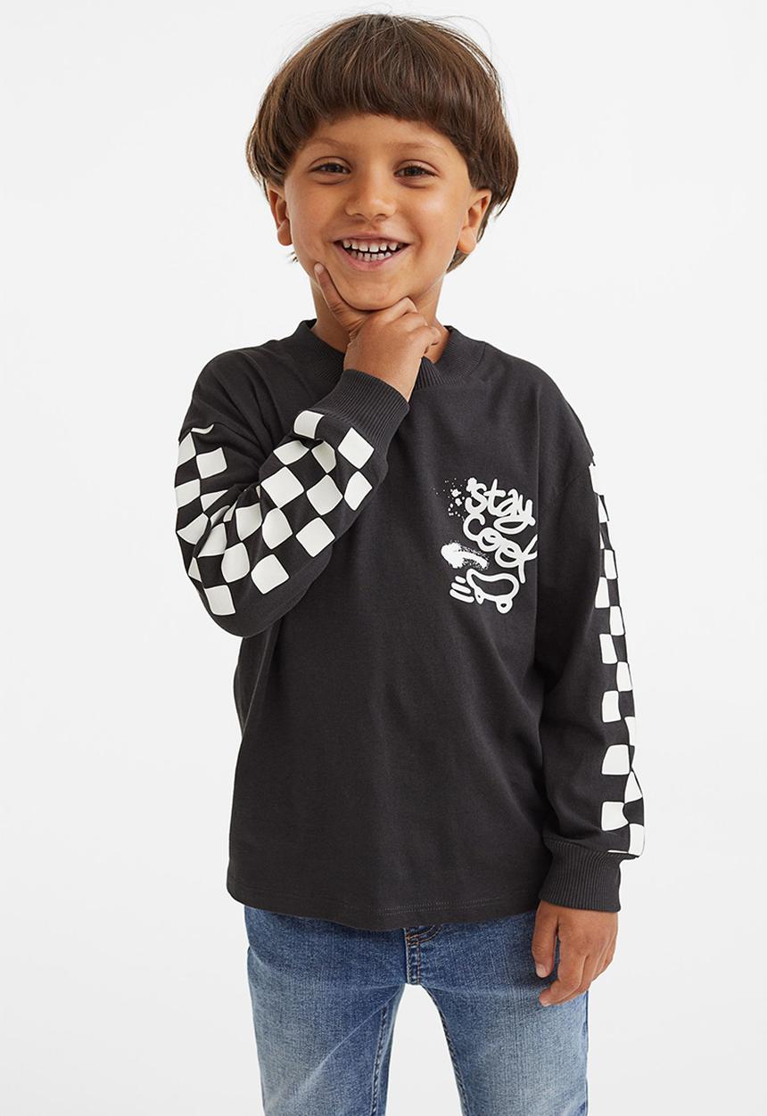 H&M - Cotton jersey top - black/checked