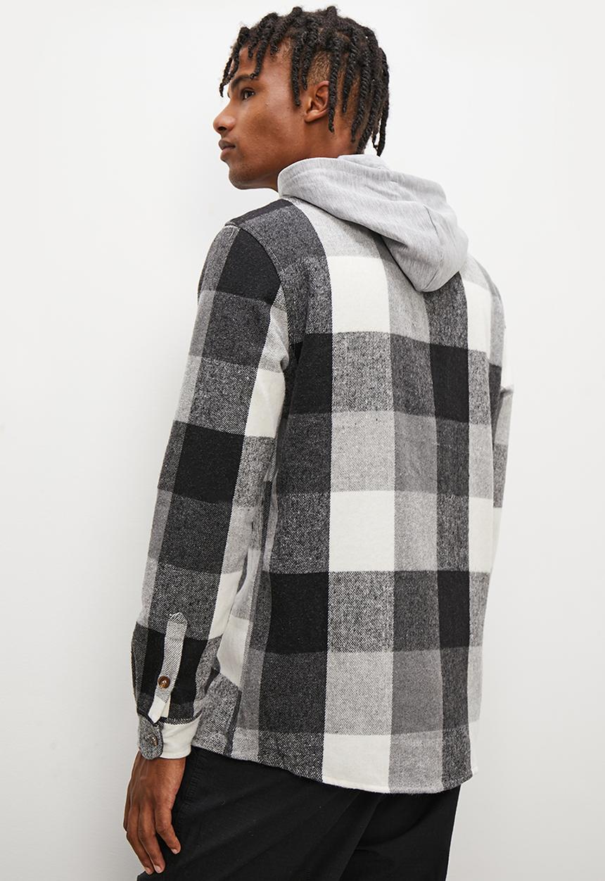 STYLE REPUBLIC - Check flannel shacket with hood - black & white