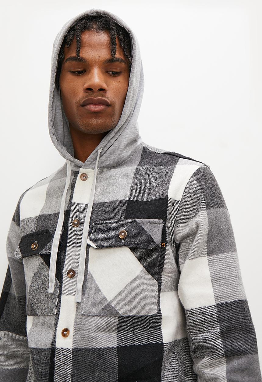 STYLE REPUBLIC - Check flannel shacket with hood - black & white