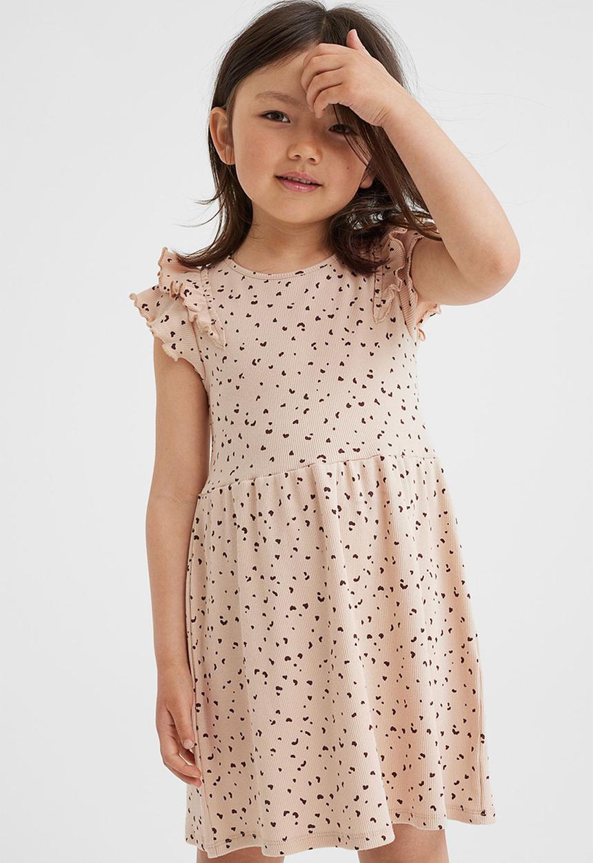 H&M - Flutter sleeved cotton dress - light beige/patterned