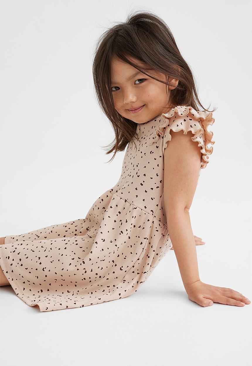 H&M - Flutter sleeved cotton dress - light beige/patterned