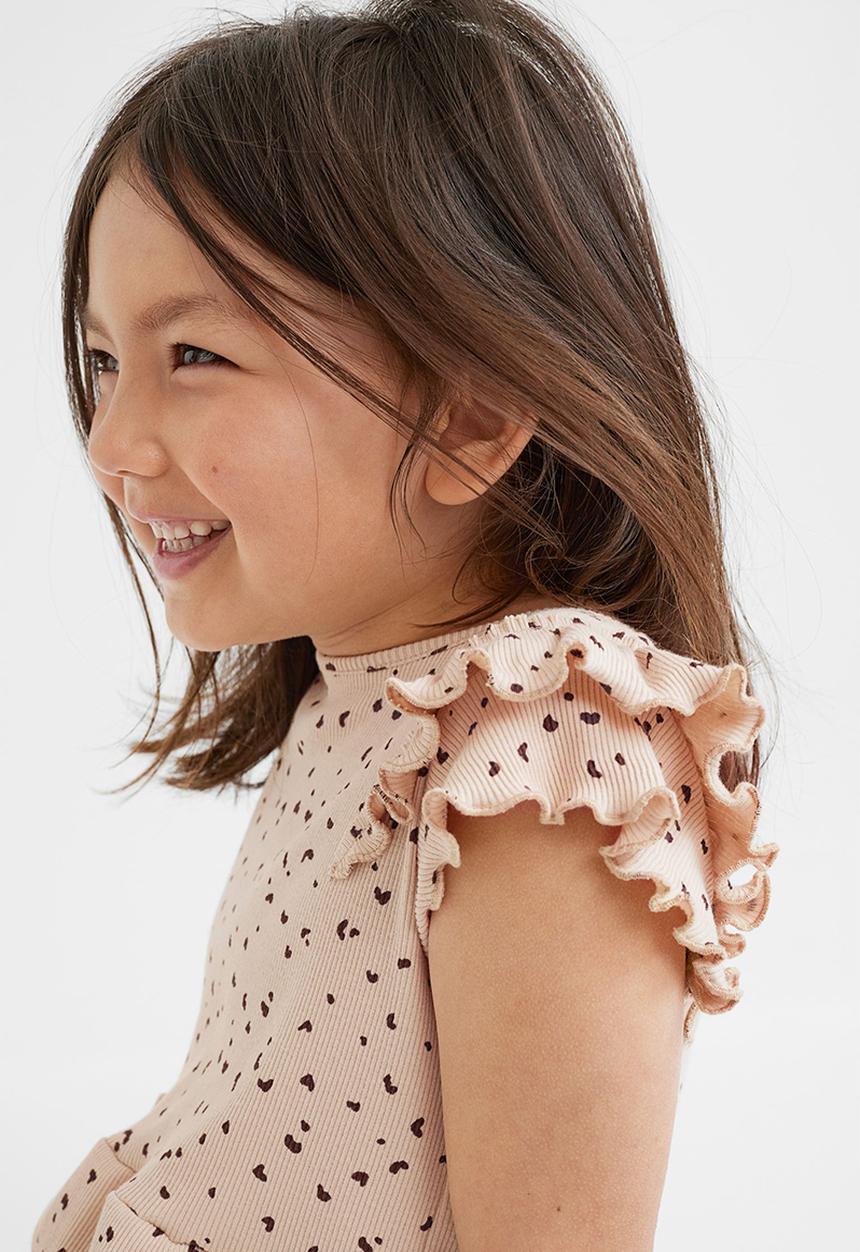 H&M - Flutter sleeved cotton dress - light beige/patterned