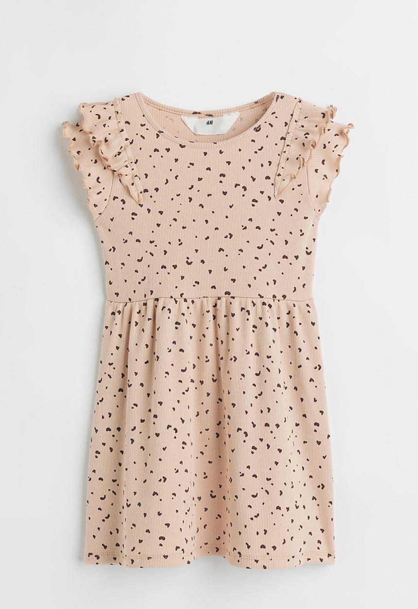 H&M - Flutter sleeved cotton dress - light beige/patterned