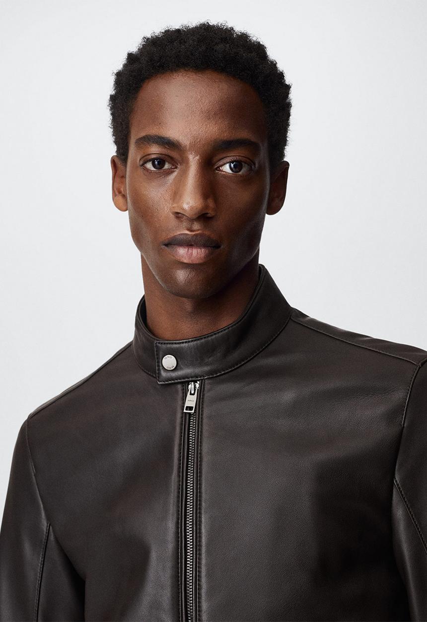 MANGO - Cuir2 leather biker jacket  - brown