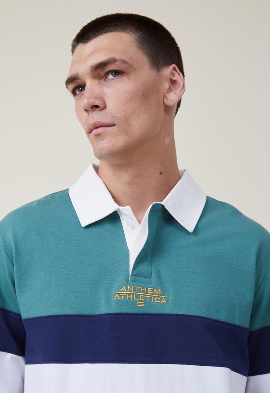 Cotton On - Rugby long sleeve polo - tennis green tri stripe