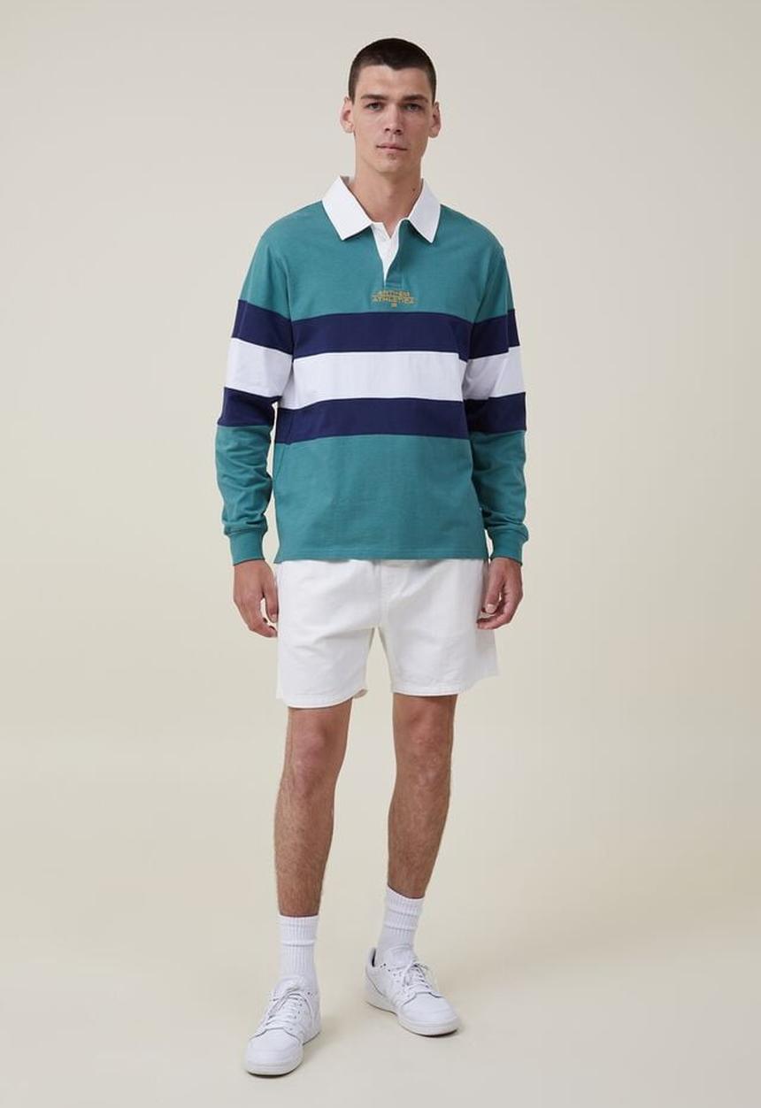 Cotton On - Rugby long sleeve polo - tennis green tri stripe
