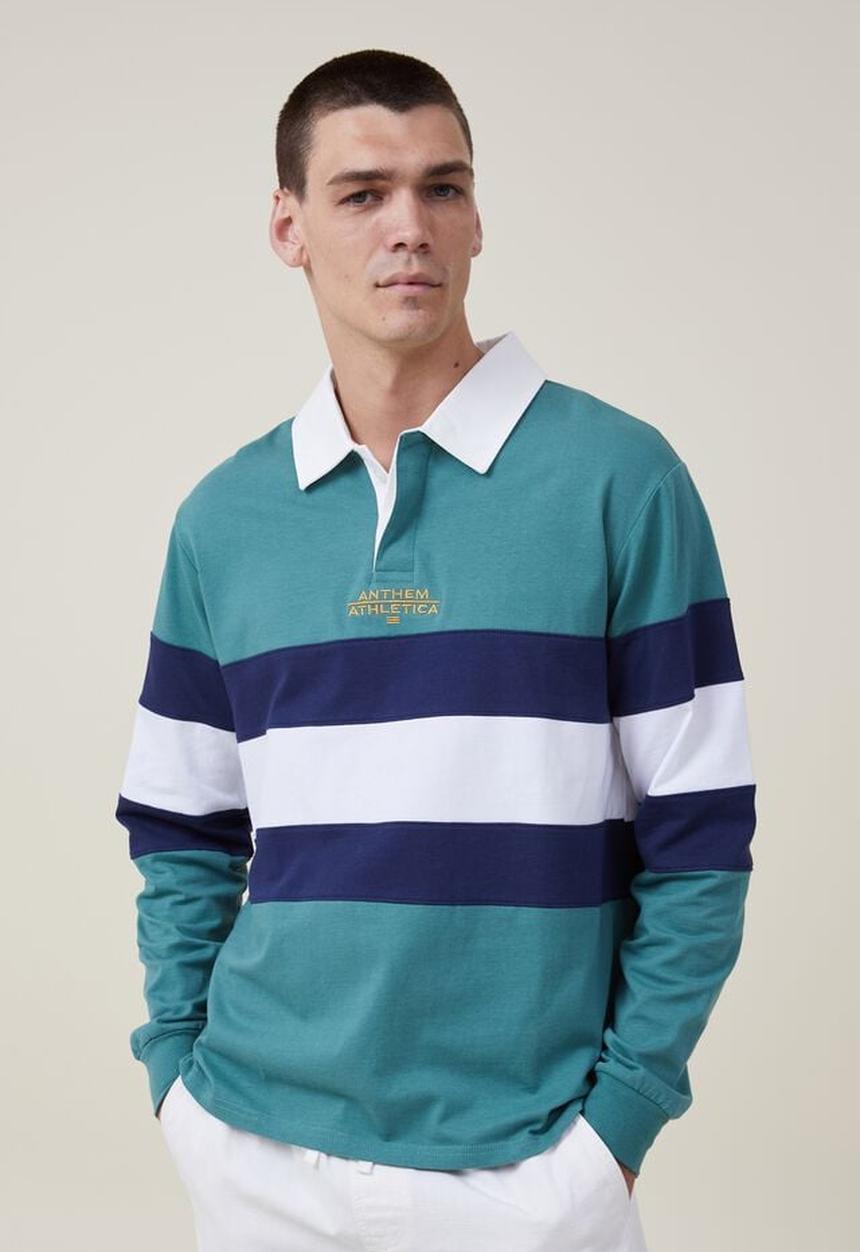 Cotton On - Rugby long sleeve polo - tennis green tri stripe
