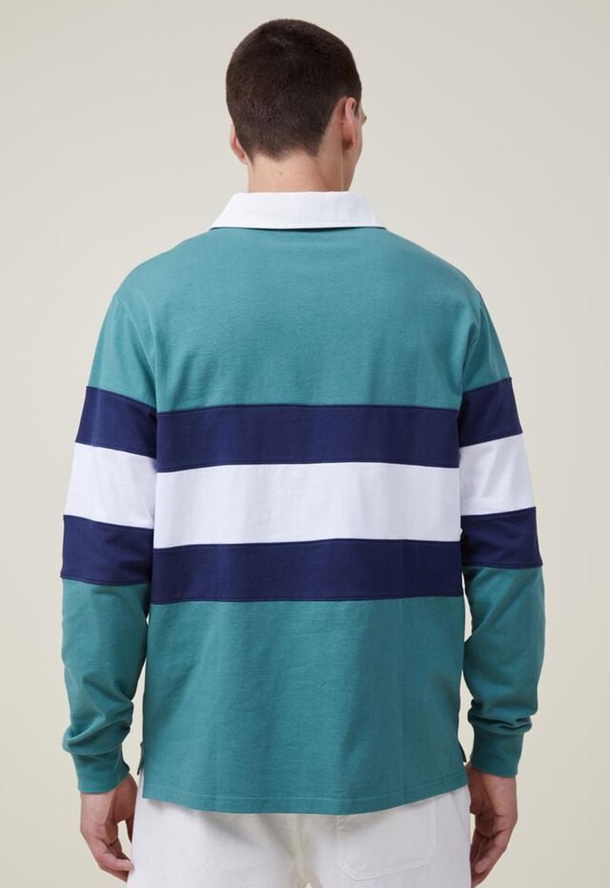Cotton On - Rugby long sleeve polo - tennis green tri stripe