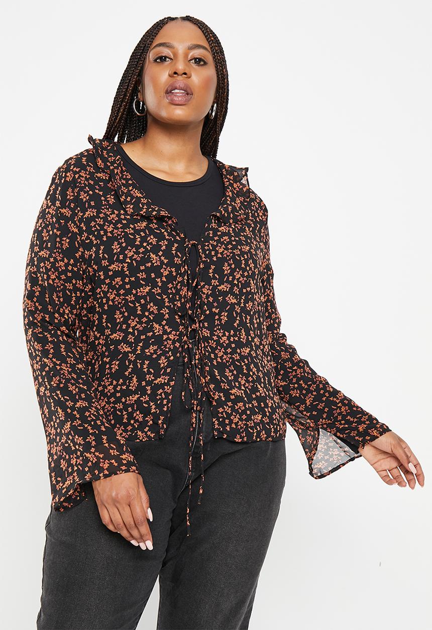 Glamorous - Plus floral flare blouse - black & orange