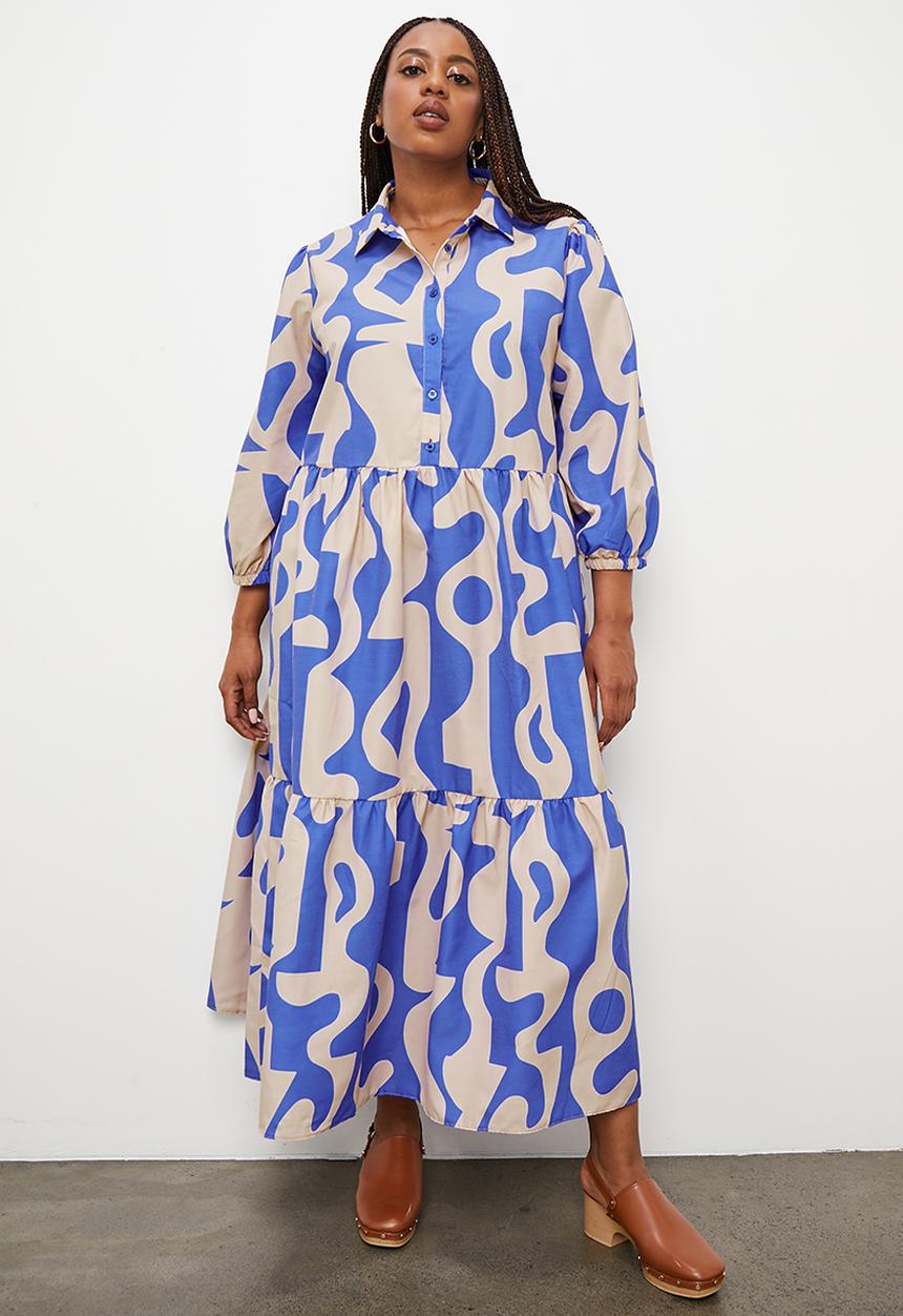 Superbalist - Tiered shirt dress - blue abstract