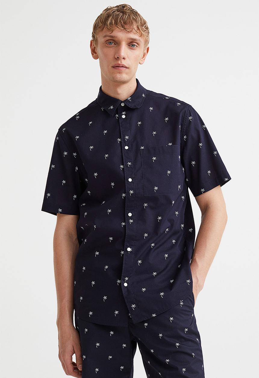 H&M - Cotton shirt regular fit - dark blue/palm trees