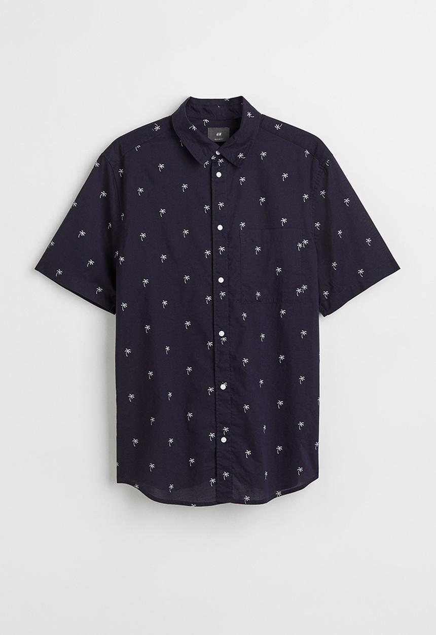 H&M - Cotton shirt regular fit - dark blue/palm trees
