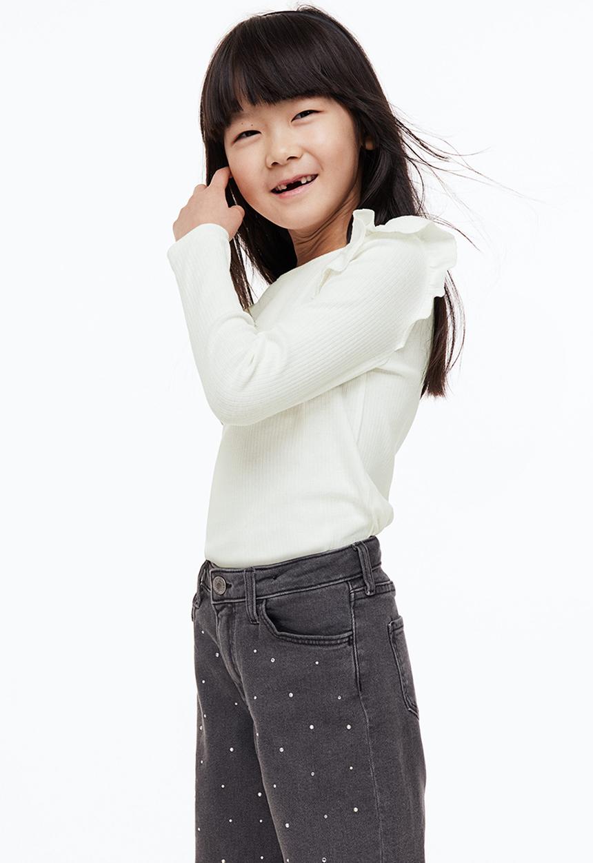 H&M - Flounce-trimmed ribbed top - white
