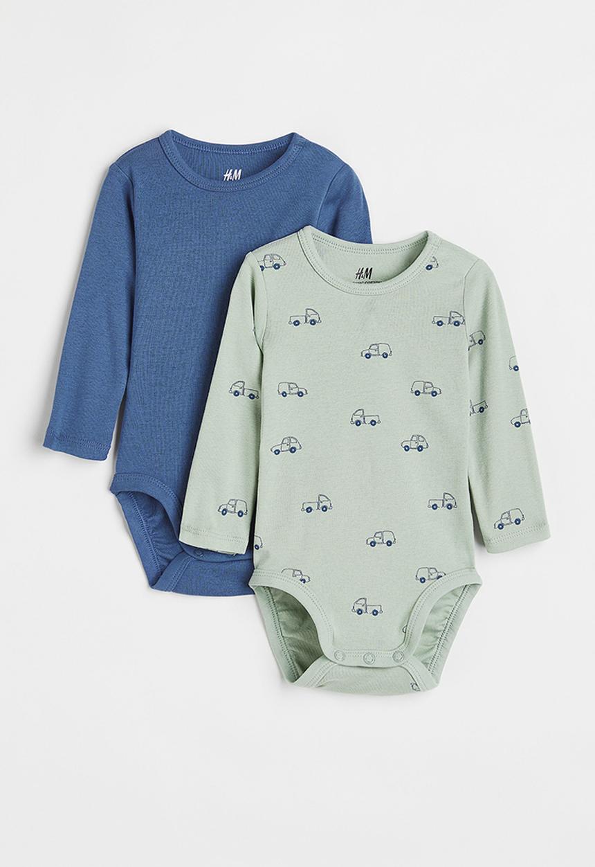 H&M - 2-pack cotton bodysuits - light green/cars
