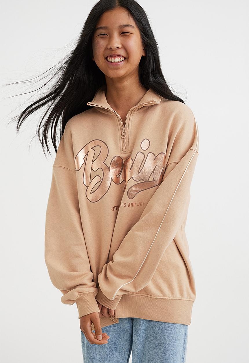 H&M - Oversized zip-top sweatshirt - beige/begin
