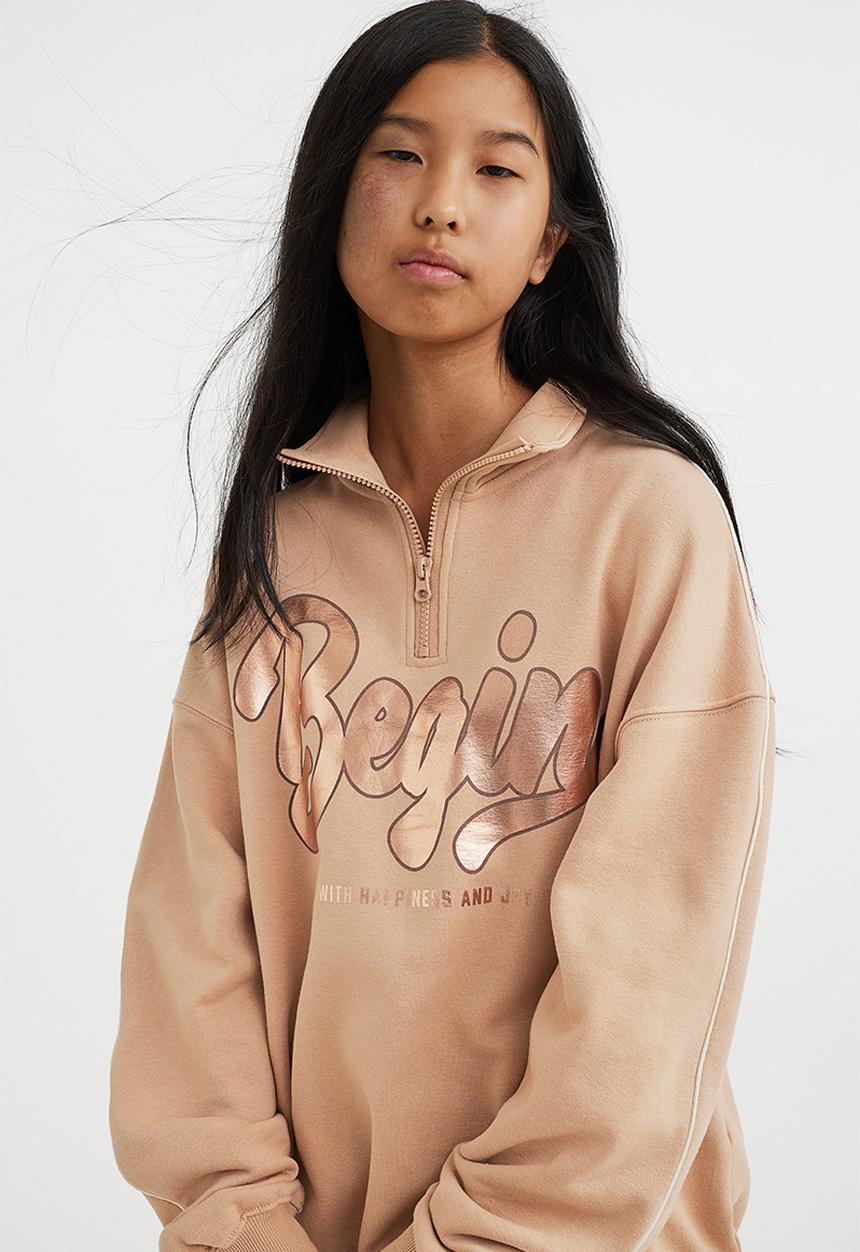 H&M - Oversized zip-top sweatshirt - beige/begin