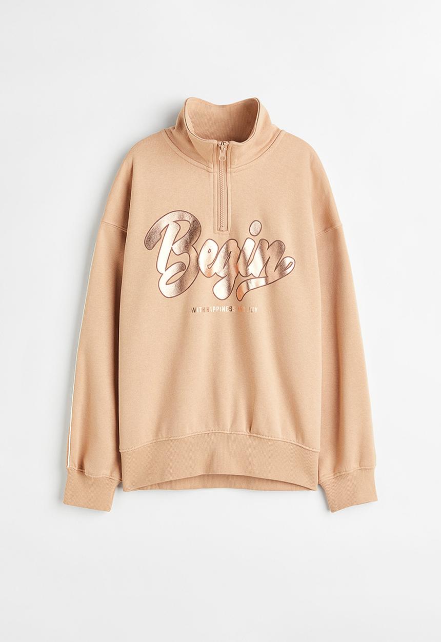 H&M - Oversized zip-top sweatshirt - beige/begin
