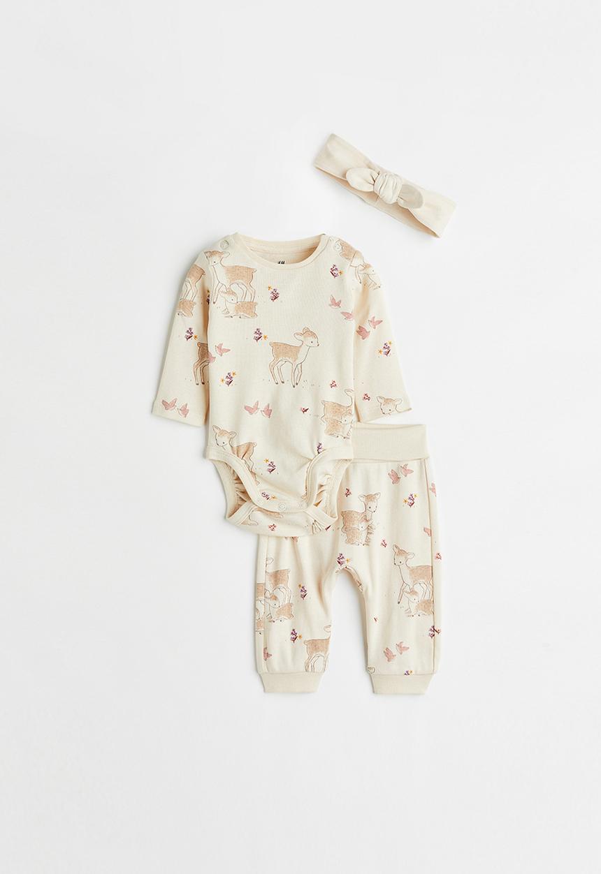 H&M - 3-piece cotton set - light beige/deer
