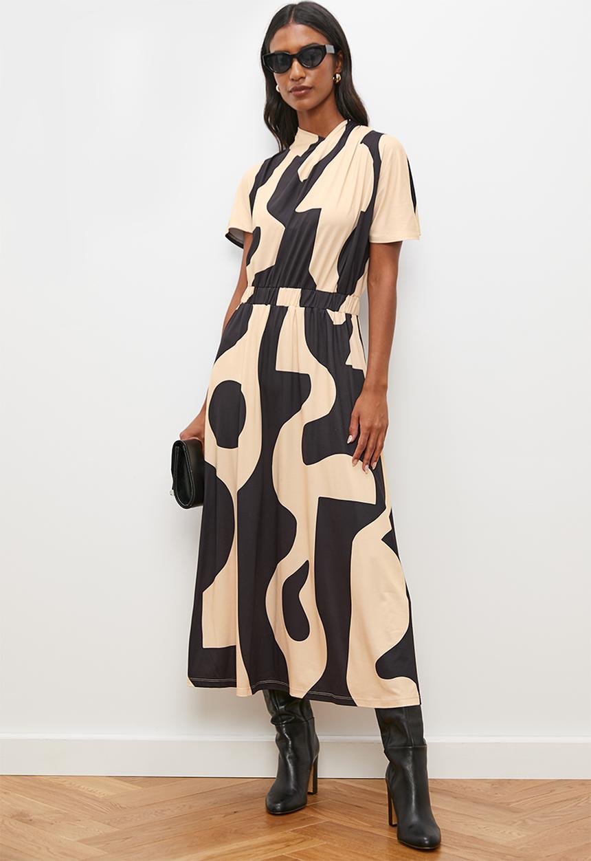edit - Extend sleeve fit and flare midi dress - abstract