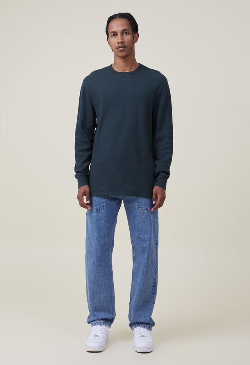 Cotton On - Textured long sleeve tshirt - deep teal waffle 