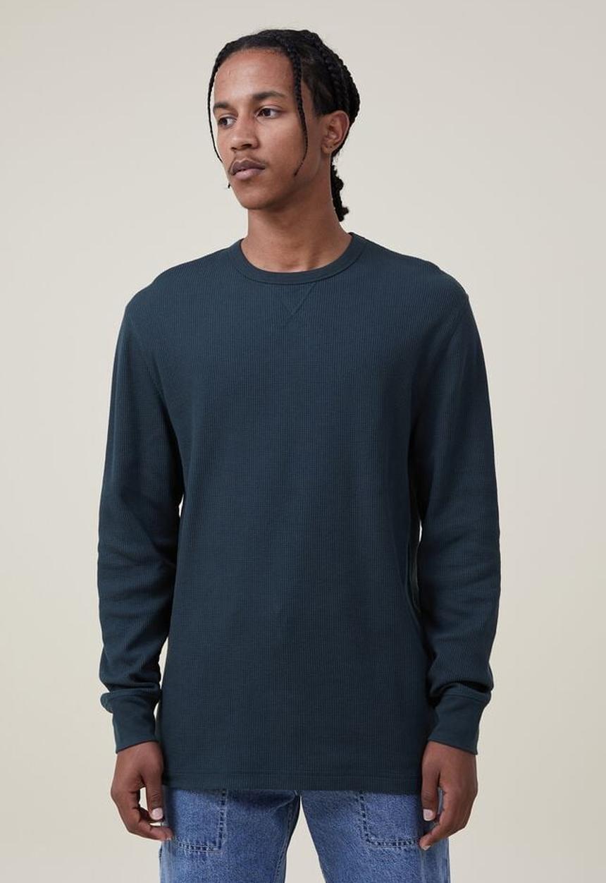 Cotton On - Textured long sleeve tshirt - deep teal waffle 