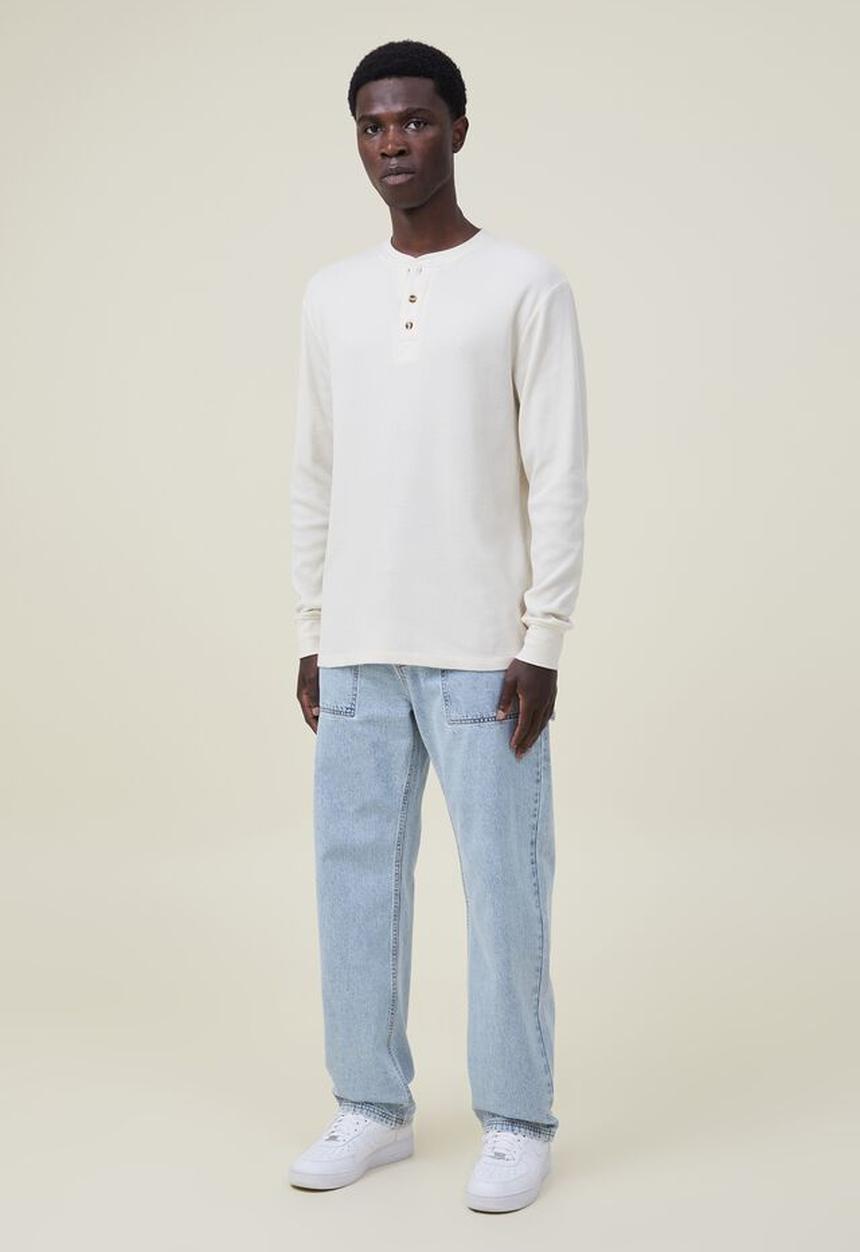 Cotton On - Textured long sleeve tshirt - ecru waffle henley 