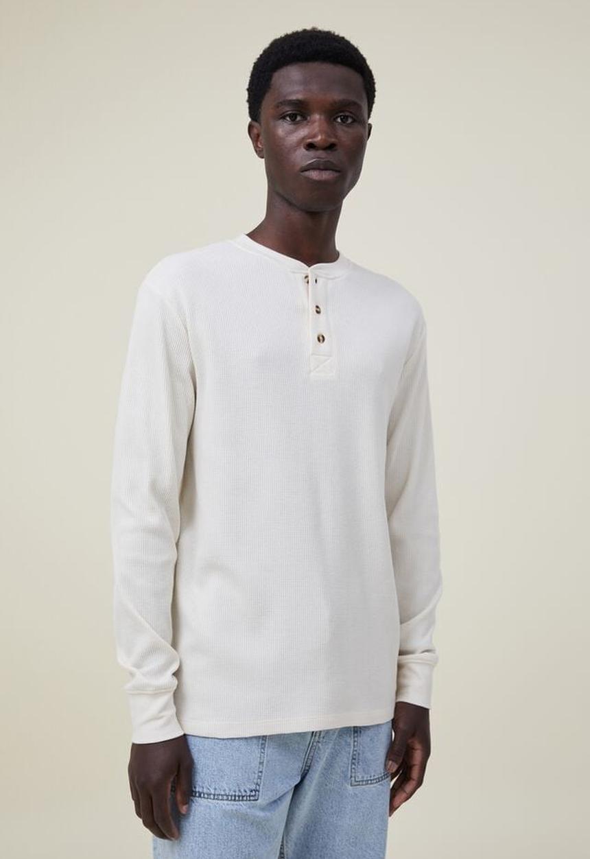 Cotton On - Textured long sleeve tshirt - ecru waffle henley 