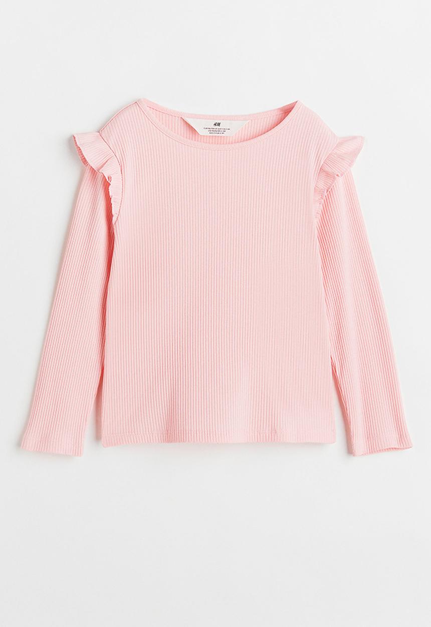 H&M - Flounce-trimmed ribbed top - light pink
